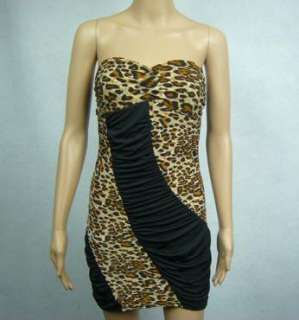 D362 Womens Leopard Tube Top Ruched Sexy Dress 8 10  