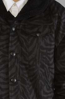BLVCK SCVLE The Tiger Stripe Shawl Denim Jacket in Charcoal Black 