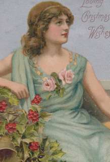 Antique Beautiful Woman Roses Christmas UDB Postcard  