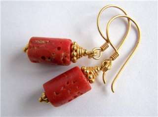 RARE Natural Italian Mediterranean Coral Gold Vermeil Earrings One Of 