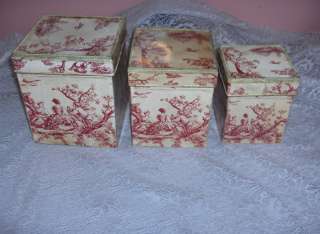 Vintage Tin Nesting Boxes Canisters 18th Century Pastoral Scene Red on 