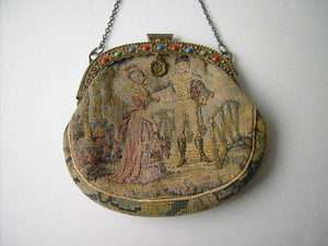 ANTIQUE FRENCH JEWELED BRASS FRAME CHAIN SMALL PURSE COIN PURSE FRANCE 
