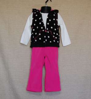 Carters Baby Girl Fleece Black Polka Dot Vest Shirt Pink Pants Set 