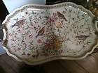 NEW BIRD FLORAL PORCELAIN TRAY TABLE ON BLK GLD STAND