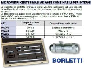 MICROMETRO CENTESIMALE AD ASTE PER INTERNI BORLETTI MAC0S 50   63 MM 