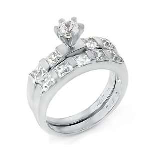  Ring Set / Two Piece Engagement Set with Round and Princess Cubic 
