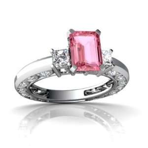   White Gold Emerald cut Created Pink Sapphire Engagement Ring Size 4.5
