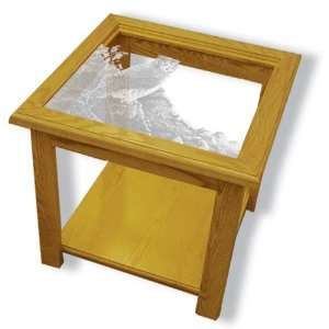    Etched Glass Owl Art in Solid Oak Square End Table