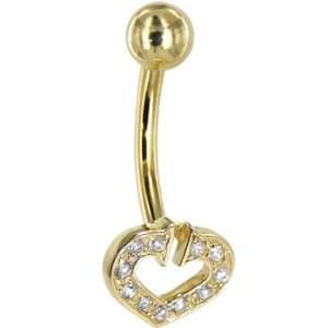   14kt Yellow Gold Cubic Zirconia Paved Hollow Heart Belly Ring Jewelry