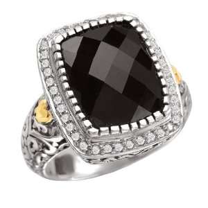 925 Silver, Onyx & Diamond Petite Ring with 18k Gold Accents (0.23ctw 