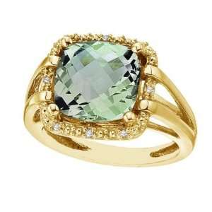 Cushion Green Amethyst and Diamond Cocktail Ring 14k Yellow Gold (8 