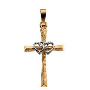  14K Gold/White Two Tone Cross Pendant with Double Hearts Jewelry