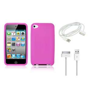  iPod Touch 4 Silicone Case   Hot Pink + Data Cable Cell 