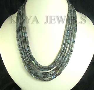   NATURAL LABRADORITE PIPE SHAPE 5 STRAND BEAD NECKLACE SILVER CLASP