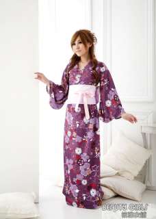 Japan Tokyo Purple Flower Obi Belt Elegant Long Kimono  