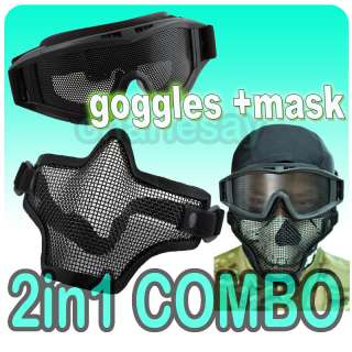 Airsoft Tactical Wire Mesh Protective Goggles + MASK BK  