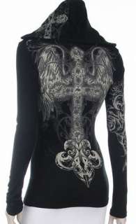   Black Hoodie T Shirt Cross Angel Wings Tattoo Rhinestones Size Large