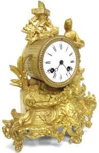 ANTIQUE FRENCH GILT METAL LADY FIGURAL 8 DAY BELL STRIKE MANTLE CLOCK 