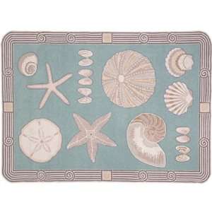   Cod shells 3x5 hand hooked rug, aqua / art deco border