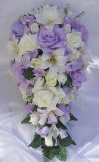 21pc Bridal bouquet wedding flowers Lavender/Ivory/Lily  
