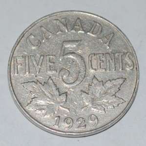 Canada 1929 5 Cents George V Canadian Nickel  