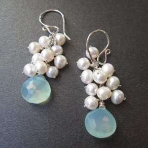   Silver Earrings Ivory pearls with sea blue chalcedony Jewelry