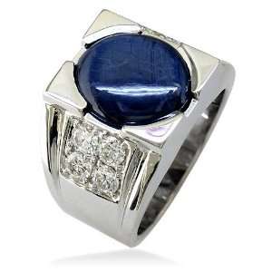  Mens large blue star sapphire and diamond ring in 14K 