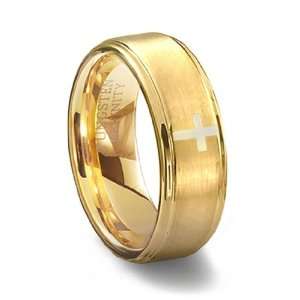 Gold Plated Tungsten Wedding Ring   Brushed Finish with Four Crosses 