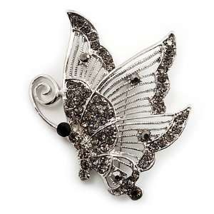  Dim Grey Crystal Filigree Butterfly Brooch (Silver Tone) Jewelry