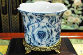 Chinese Blue And White Porcelain Planter Pot Antiqued Brass Base 