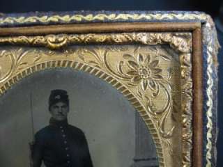 Civil War Soldier with rifle Hand Tinted Ambrotype in Ornate Frame 