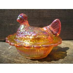  Mini Golden Carnival Glass Hen on Nest Chick Salt Covered 