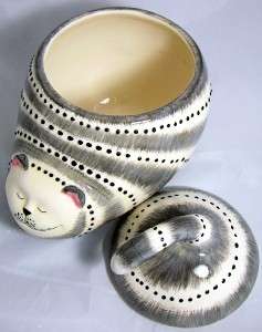 Cat Cookie Jar Grey White Stripe Smiling Kitty Ceramic NEW  