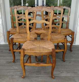 Antique French Country Dining Chairs~Shell Carving~Rush Seat~Tall 