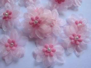 50 Organza 1 Flower w/Beads Appliques Pink RF101  