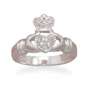  Rhodium Plated CZ Claddagh Ring Jewelry