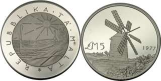 elf Malta 5 Pounds 1977 Silver Proof Windmill Scarce  