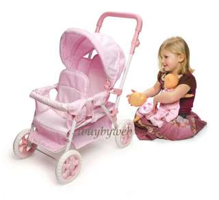 Kids Pretend Play Folding Double Doll Stroller Pink Toy  