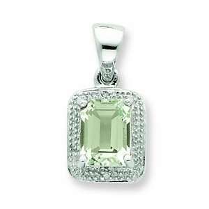   Sterling Silver Emerald Cut Green Amethyst & Diamond Pendant Jewelry