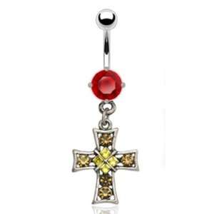 14g Dangling Gothic Cross Belly Button Navel Ring Dangle with Cz Gems 