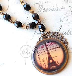 Vintage Eiffel Tower Black Cameo & Black Onyx Necklace  