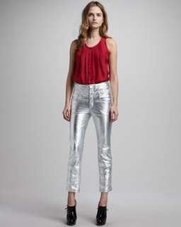 Asymmetric Leather Blazer, Button Up Tank & Metallic Ankle Jeans