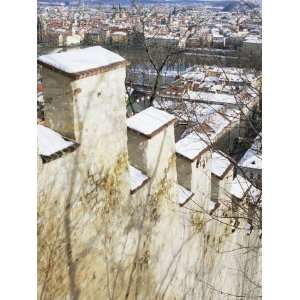  View of Prague from Snow Covered Gothic Hunger Wall on Petrin Hill 