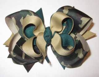   Boutique Hair Bow 3 Layers of Camoflage Earth Tones Khaki Green Brown