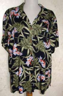   WOMAN SZ 2X Black & Green Tropical Hawaiian Shirt Blouse Top  