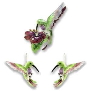  Amethyst Hummingbird Silver and Enamel Pin & Earring Set Jewelry