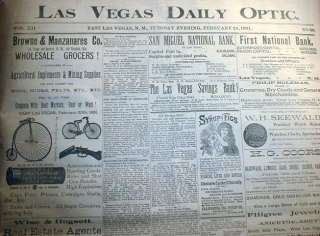 Rare Orig 1891 newspaper LAS VEGAS New Mexico Territory  