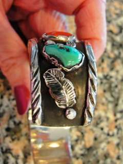 ZUNI INDIAN ANGIE C. STERLING SILVER TURQUOISE & CORAL MANS WATCHBAND 