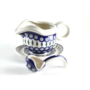 Polish Pottery Peacock Gravy Boat, Plate and Ladle Set 
