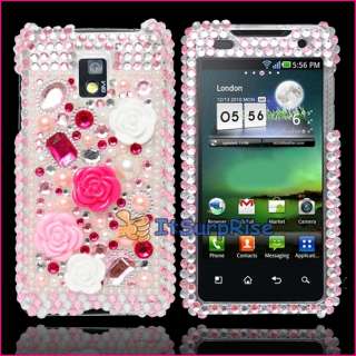 Bling Diamond Pink Rose Hard Snap on Case Cover For LG G2X OPTIMUS 2X 